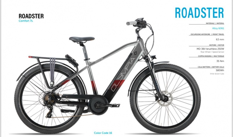 Bicicletta E-Bike Olympia "Roadster 2025 Man 700 “Alluminio Donna Colore Antracite  Opaca-Nera-Rossa, Batteria Samsung  580 Wh