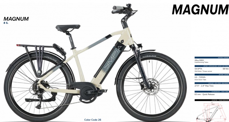 Bicicletta E-Bike Olympia "New Magnum 700 Modello 2025 Motore Oli 68 Nm Batteria LG 720Wh “Alluminio uomo Colore 26 Crema-Nera Opaca