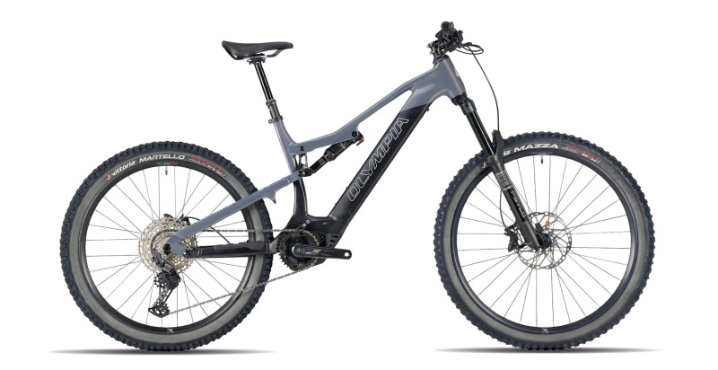 Bicicletta Mtb  E-Bike Olympia Full “ HYSAK 2025 Alluminio Motore Oli Edge 90 Nm Batteria 900 Wh Taglia M-L Silver -Nera Lucida